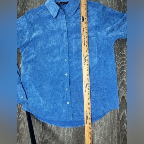 ZARA Fine-Waled Corduroy Oversized Blue Button-Up Shirt Size XS - Picture 6 of 15